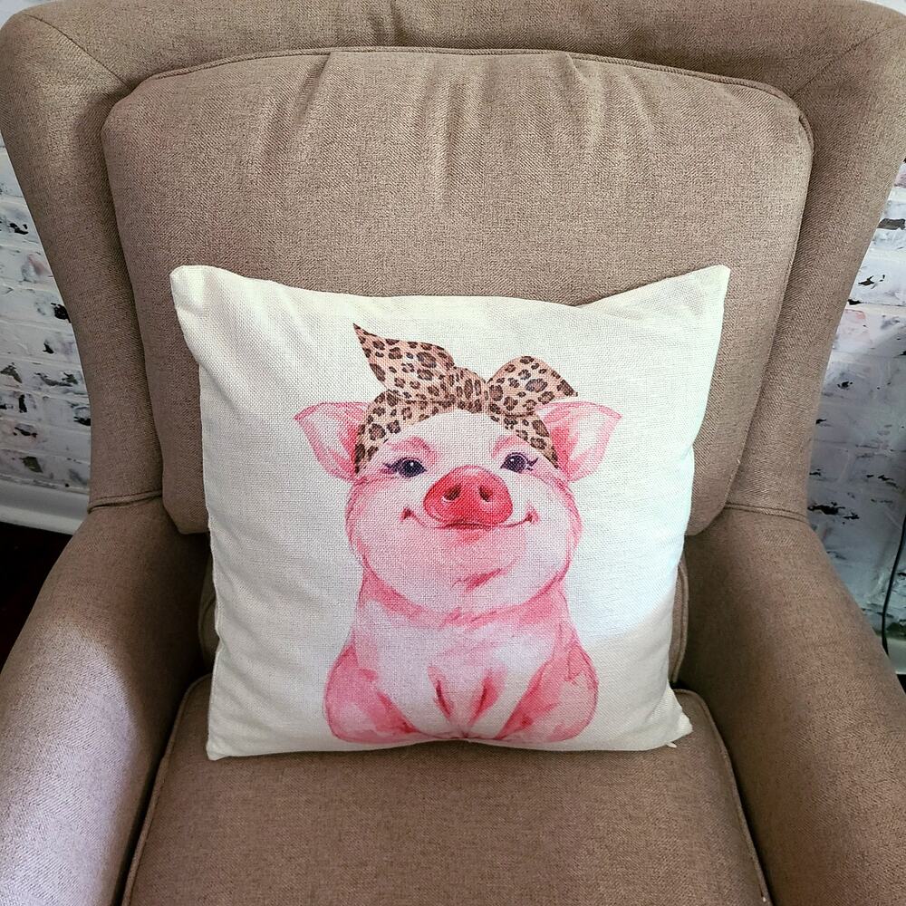 Adorable Pink Pig Pillow Cover-Piglet with Bandana | Farmhouse Decor 15" Square